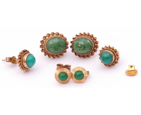 Mixed Lot: pair of 9ct gold and cabochon jade set earrings, a pair of 9ct gold and turquoise set earrings, a pair of small ch