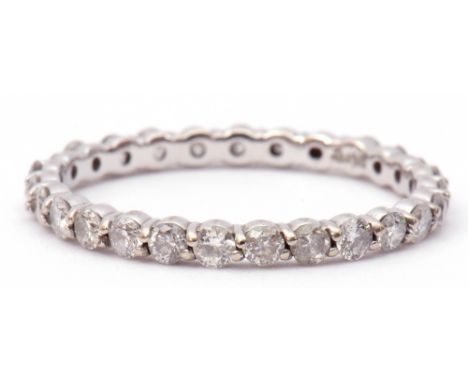 Modern 14K stamped diamond full eternity ring, size K, one diamond missing