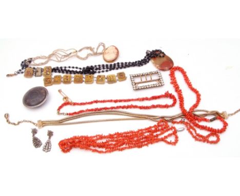 Mixed Lot: antique seed pearl necklet, quantity of stag coral, paste buckle, cameo, fossil brooch, mother of pearl bracelet e