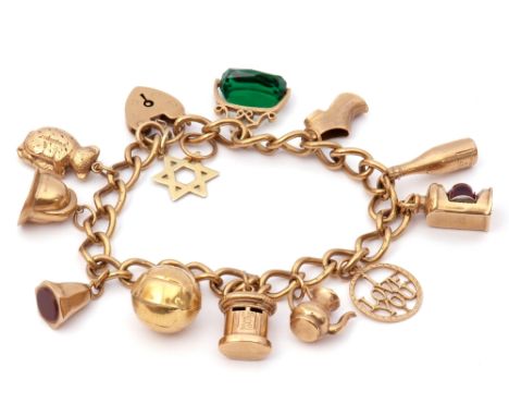 9ct gold curb link bracelet suspending various 9ct gold charms to include a football, a fireman's helmet, lantern etc, 27.5gm