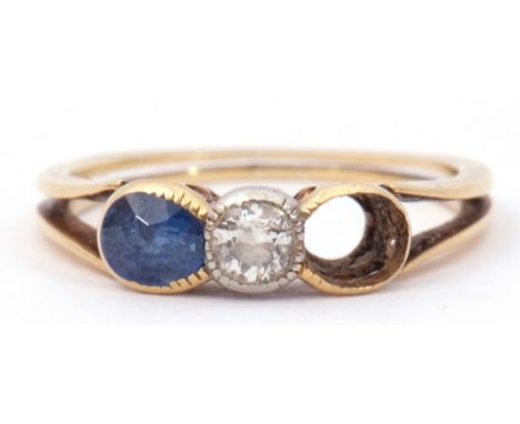 Antique diamond and sapphire ring, centring a brilliant cut diamond in rub-over setting and one oval faceted sapphire (one mi