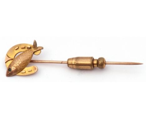 Antique stick pin, the finial with a leaping salmon between a horse-shoe, verso stamped 9c   