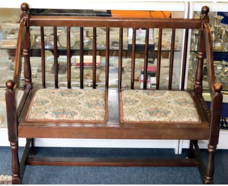 Mid 20thC Spindle Backed Hall Bench, Stained Mahogany. 38 Inches Wide