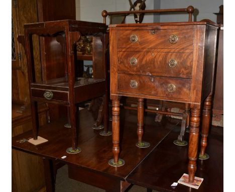 Three mahogany framed needlework firescreens, together with a towel rail, a Georgian mahogany bedside and a mahogany commode 