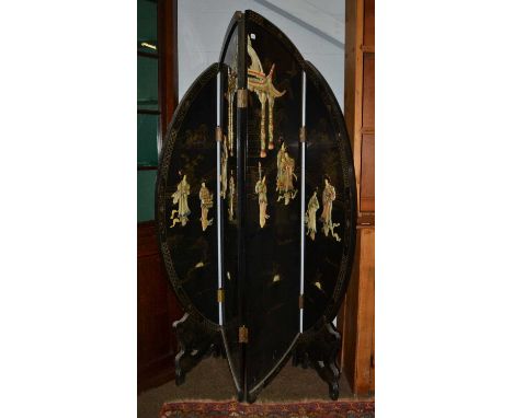 A modern Japanese four-fold screen with composition mounted figures and a pagoda, largest panel 45cm by 183cm