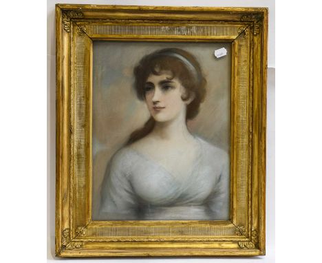 Manner of Romney, Portrait of a lady, bust-length wearing a powdered blue dress and ribbon to her hair; Portrait of a lady, b