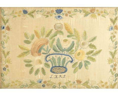 
	
		An 18th century hand drawn depiction of the Royal Coat of Arms, 16 by 13cm; and a framed 18th century needlework panel w