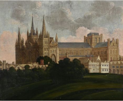 
	
		English School (19th century)
		Peterborough Cathedral 
		Oil on panel 
		44.5 x 54cm (17½ x 21¼ in.)
		Label to reverse