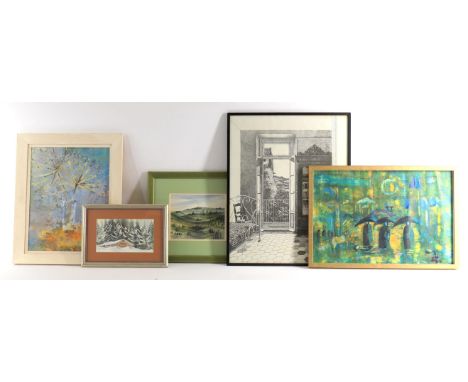 
	
		Five decorative pictures to include a watercolour of Jerusalem, signed indistinctly and dated 1989, 19 by 23cm;  *** Cul