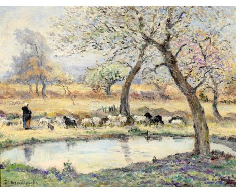 
	
		Fernand Maillaud (French 1862-1948)
		La Bergere et son Troupeau au bord d'un Ruisseau
		Oil on panel 
		Signed (lower l