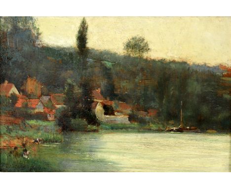 
	
		Attributed to Paul-Louis Baignères (French fl. 1910-1930)
		Riverside village 
		Oil on panel 
		Signed and indistinctly