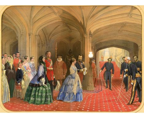 
	
		A framed and glazed 19th century hand coloured print depicting a young Queen Victoria and Prince Albert at a reception, 