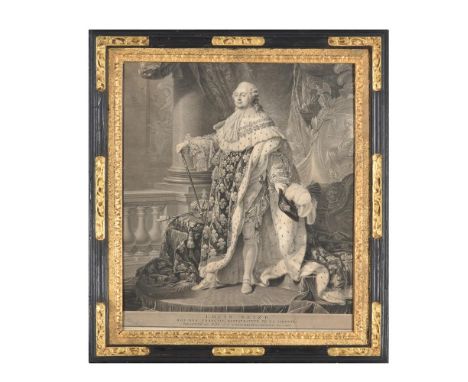 
	
		An engraving by Bervi after a portrait of Callet 'Louis XVI', in coronation attire, dated 1790, visible image 56 by 48cm