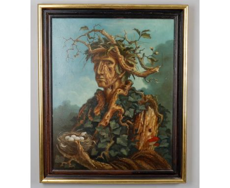 
	
		λ&nbsp;Martin Newell (British 20th century)
		Portrait of John Burrows 1970- after Archimboldo
		Oil on canvas
		Signed,