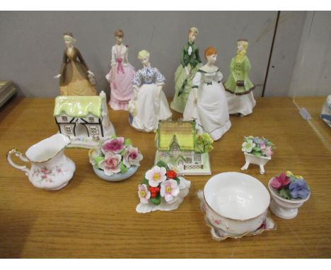 Six Royal Worcester figure of ladies, two Coalport model houses and other ceramics 