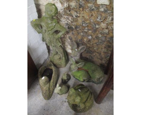 A garden composition statue, together with garden animal ornaments to include a planter in the form of a swan 