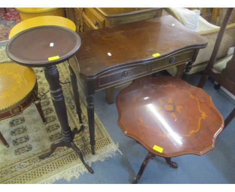 A reproduction fold over card table, together with an inlaid occasional table and a torchere stand 