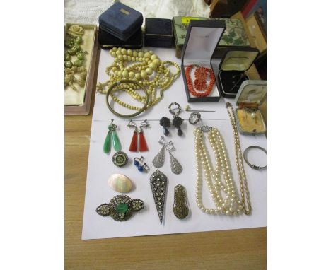 Early to mid 20th century costume jewellery to include a three string pearl necklace, earrings, coral jewellery, ivory bead n