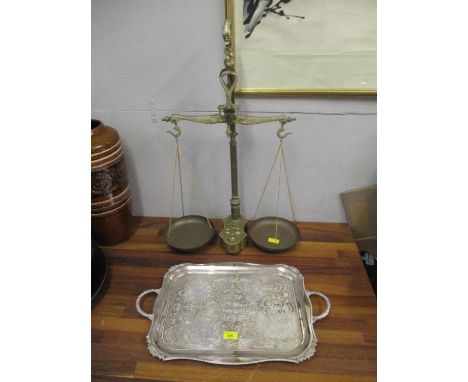 A modern set of brass scales with attendant weights, 72cm h and a silver plated tray, 56 cm w 