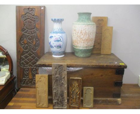 A mixed lot to include a Victorian pine twin handled trunk, a selection of specula treen moulds and two vases 