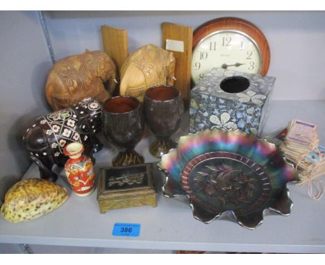 Mixed 20th century household items to include treen bookends in the form of elephants, Carnival ware, a shell, a clock and ot