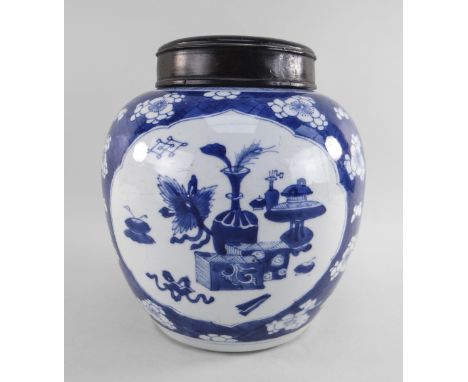 CHINESE BLUE &amp; WHITE PORCELAIN '100 ANTIQUES' HAWTHORN JAR, 19th Century, painted in the Kangxi style with three cusped p