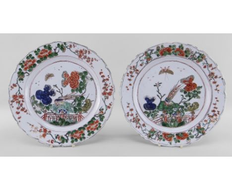 PAIR CHINESE FAMILLE VERTE PORCELAIN PLATES, Kangxi, centres decorated with golden pheasants on rockwork with large peonies, 