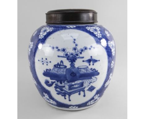 CHINESE BLUE &amp; WHITE PORCELAIN '100 ANTIQUES' HAWTHORN JAR, 19th Century, painted in the Kangxi style with three quatrefo