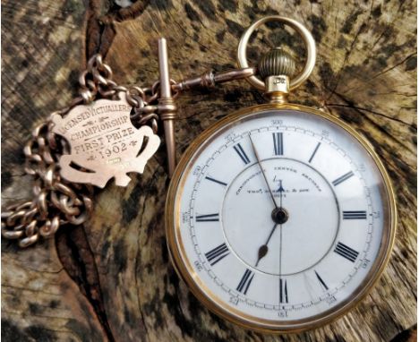 18CT GOLD OPEN FACED CHRONOGRAPH POCKET WATCH by Thomas Russell & Son, Liverpool, the enamel dial with Roman numeral chapter 