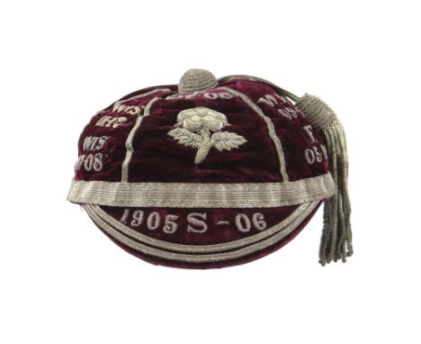AN IMPORTANT & IMMACULATE ENGLAND RUGBY UNION CAP AWARDED TO JOHN GUY GILBERNE BIRKETT (1884-1967) embroidered with reference