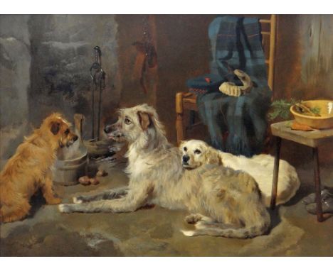 GEORGE WILLIAM HORLOR (1823-1895) oil on panel - Deerhound, Retriever and Terrier, in a cottage interior beside a hearth with