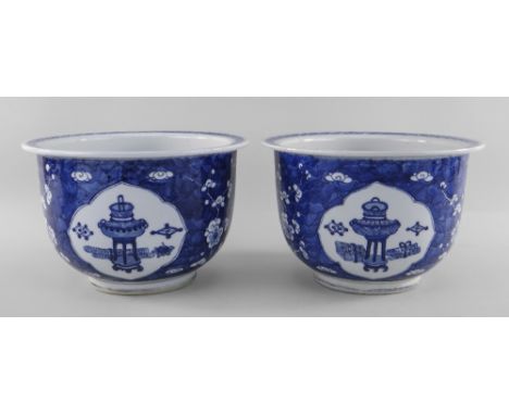 PAIR CHINESE BLUE &amp; WHITE PORCELAIN '100 ANTIQUES' HAWTHORN JARDINIERES, 19th Century, painted in the Kangxi style with c