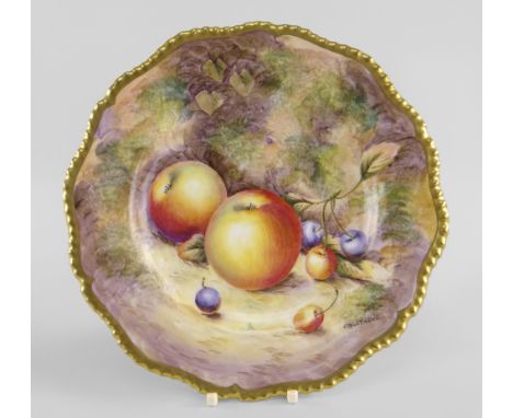 ROYAL WORCESTER PORCELAIN CABINET PLATE, painted with apples and cherries by Ricky Lewis with shaped and gadrooned gilt rim, 
