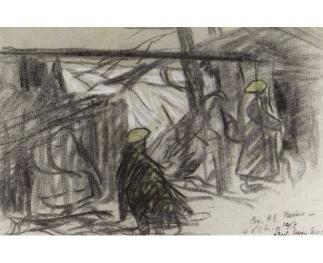 PAUL MAZE (1887-1979) pastel on watermarked Ingres drawing paper - Cambray, French Western Front in winter with two soldiers 