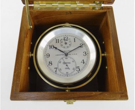 TWO-DAY HAMILTON MODEL 21 MARINE CHRONOMETER, mid 20th Century, with 4in. silvered Arabic dial signed as per title Lancaster,