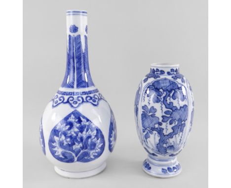 TWO CHINESE BLUE &amp; WHITE PORCELAIN VASES, 18th/19th Century, comprising a Kangxi period slender ovoid vase painted with t