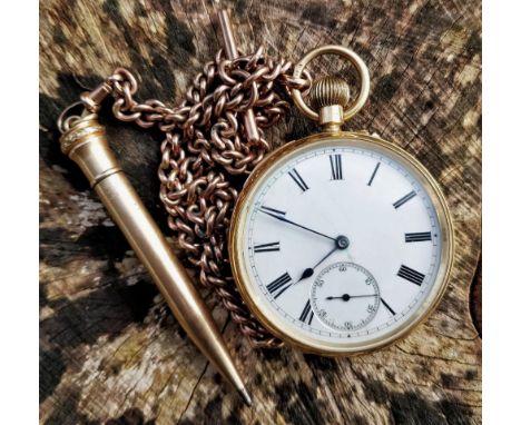 18CT GOLD OPEN FACED POCKET WATCH having enamel dial with Roman numeral chapter ring and subsidiary seconds dial, the back co