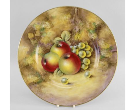 ROYAL WORCESTER PORCELAIN CABINET PLATE, painted with apples and grapes by John Smith with gilt rim, black printed marks, gil