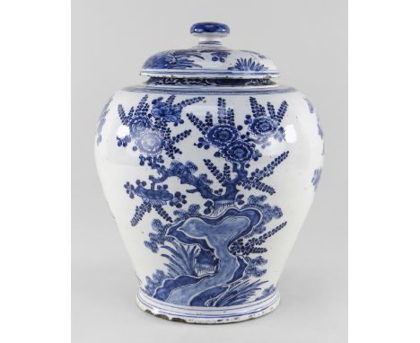 DUTCH DELFT BLUE &amp; WHITE JAR AND COVER, De Drie Posteleyne Astonne c. 1700, painted in the Chinese style with three flowe