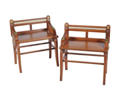  A near pair of Victorian walnut and brass mounted hall seats by J.A.S Shoolbred  &  Co  ., matching the previous lot,  one s