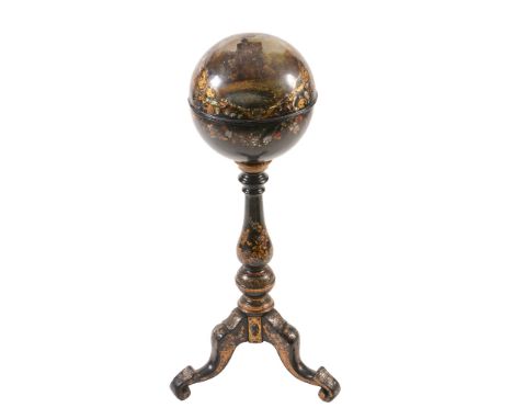 Ω A Victorian painted, gilt-decorated, papier m ache and turned wood globe shaped casket on stand , in manner of Jennens & Be