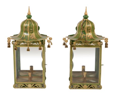  A pair of green painted and gilt chinoiserie Brighton Pavilion style tôle wall lanterns  , of recent manufacture, with bell-