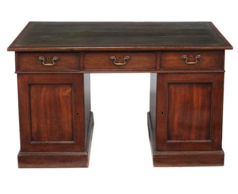  A George III style mahogany pedestal desk  , 19th century, with a tooled leather inset top above three frieze drawers, each 