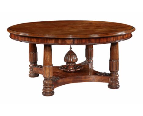 Ω A large Regency mahogany circular extending dining table in the manner of George Bullock , early 19th century, the finely f