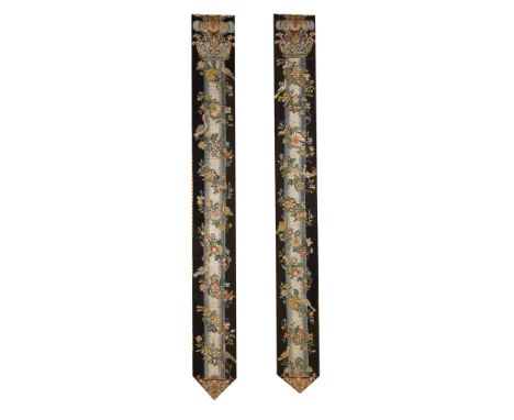  A pair of needlework bell pulls of large scale,   the needlework 18th century, depicting classical columns entwined with flo