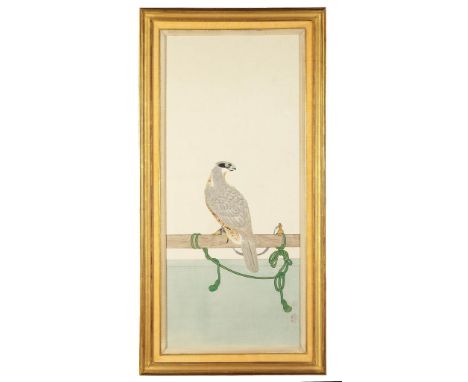  A pair of Japanese watercolour panels,   late Meiji, each showing hunting hawks tethered to a perch by a knotted, coloured c