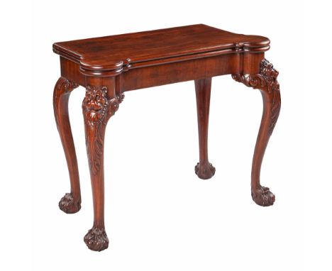  A George II style mahogany card table  , the shaped top opening with a concertina action to reveal a baize-lined interior wi