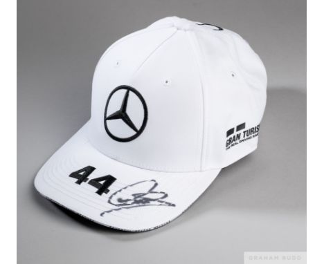 Lewis Hamilton signed white Mercedes AMG Petronas Motorsport cappeak embroidered 44 and signed