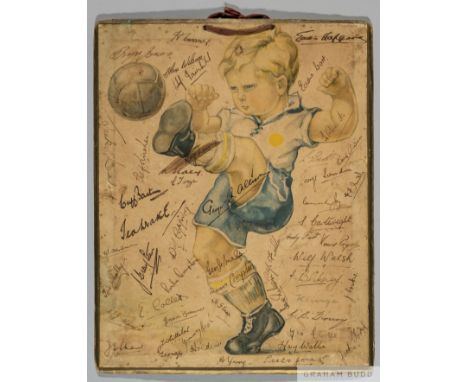 Vintage football calendar depicting young boy kicking a footballbearing over forty-five Arsenal player and official autograph