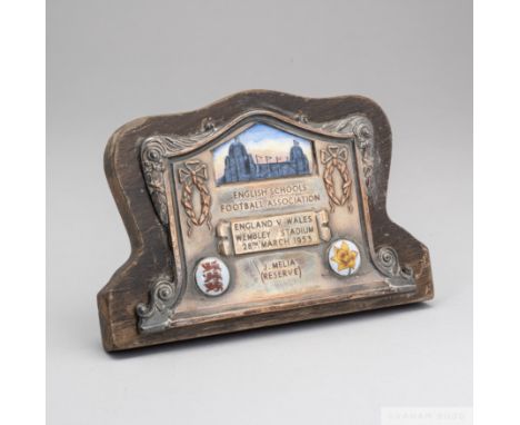 Jimmy Melia English Schools white-metal and enamel plaquedecorated with three enamel plaques, depicting the Wembley twin towe